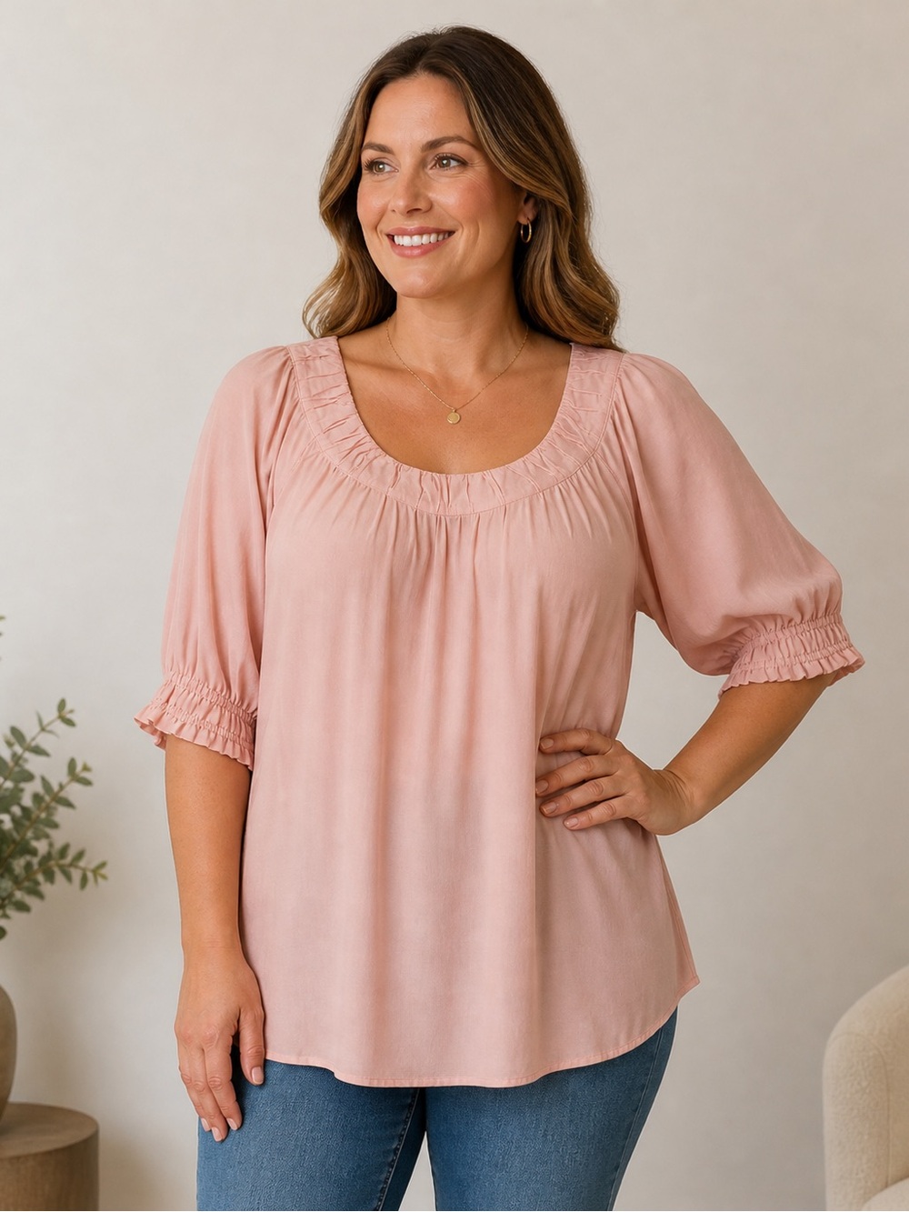 Women's Pink Scoop Neck Smocked Sleeve Top